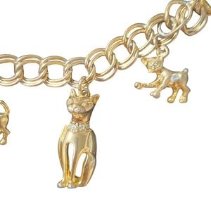 Vintage Gold Tone Cat Charm Bracelet Rhinestone Accents  Feline Jewelry